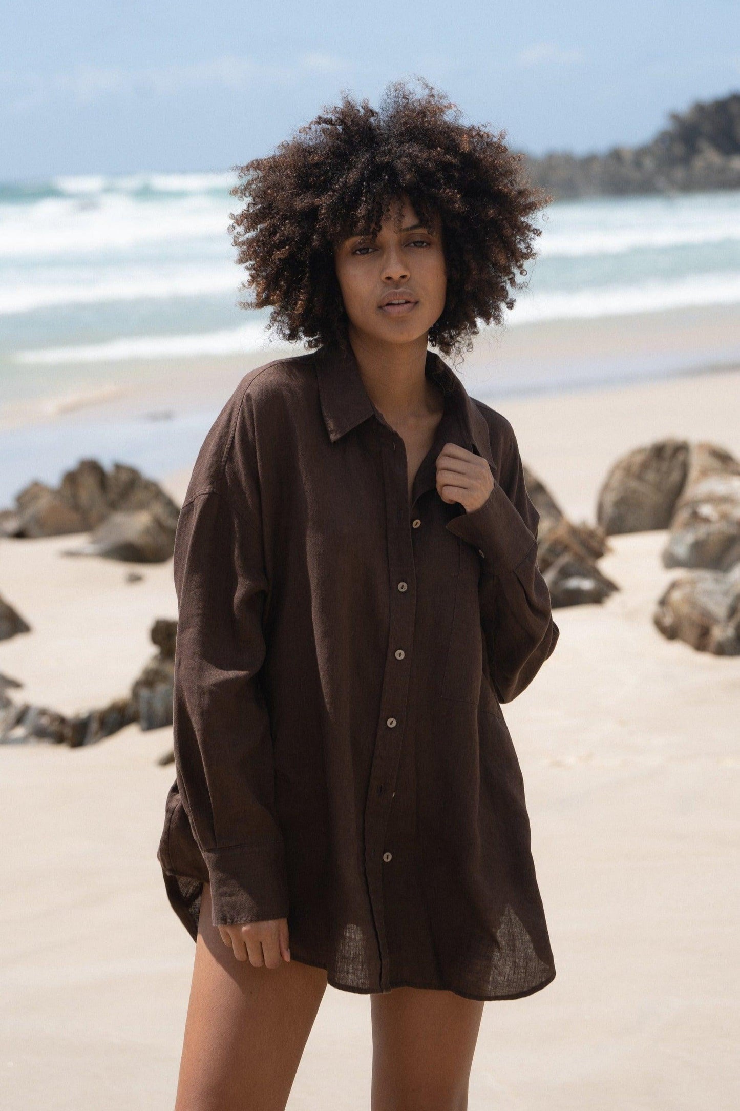 Lilly Pilly Collection Kirra shirt made from 100% Organic linen in Chocolate