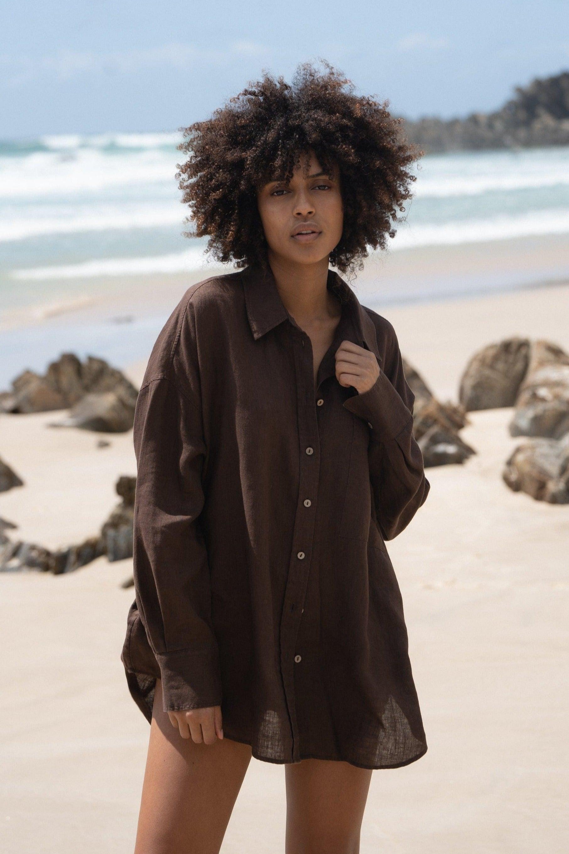 Lilly Pilly Collection Kirra shirt made from 100% Organic linen in Chocolate