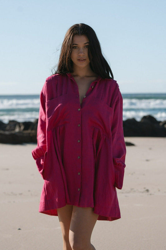 Lilly Pilly Collection 100% organic linen Isabella Shirt Dress in Fuchsia