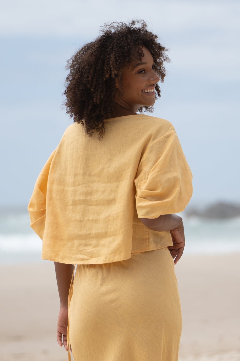 LILLY PILLY Leia linen top in Butter close up back view