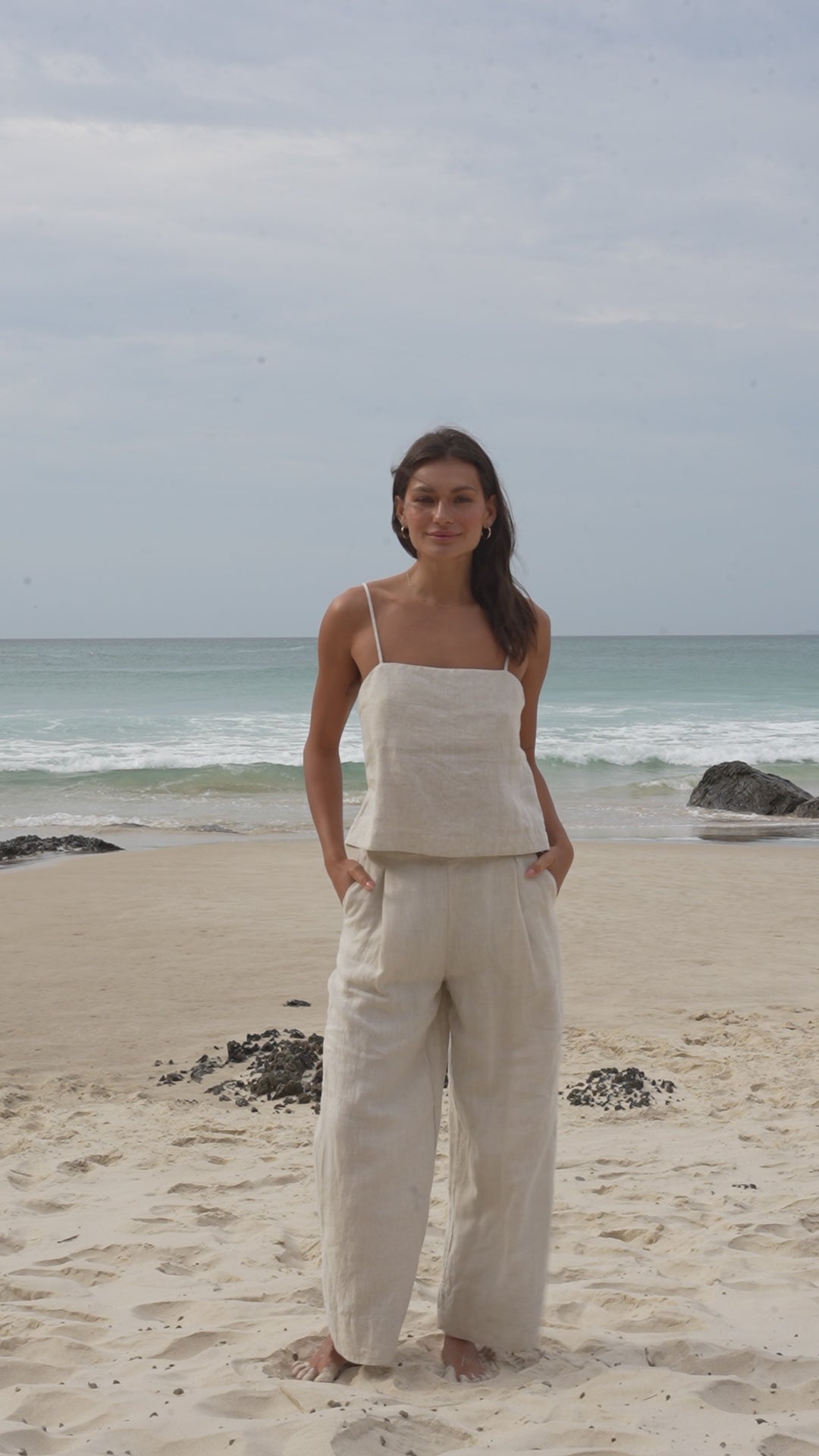 LILLY PILLY Ivy linen pants in Oatmeal and Rosa linen cami top