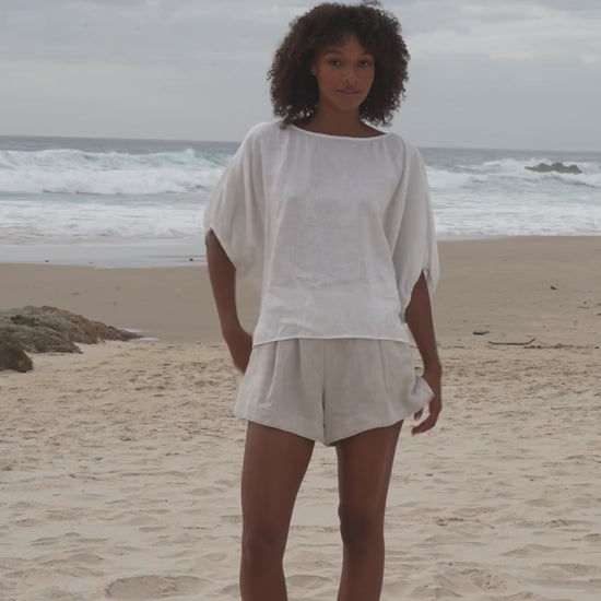 LILLY PILLY Tina linen top in Ivory with Gaia shorts in Oatmeal
