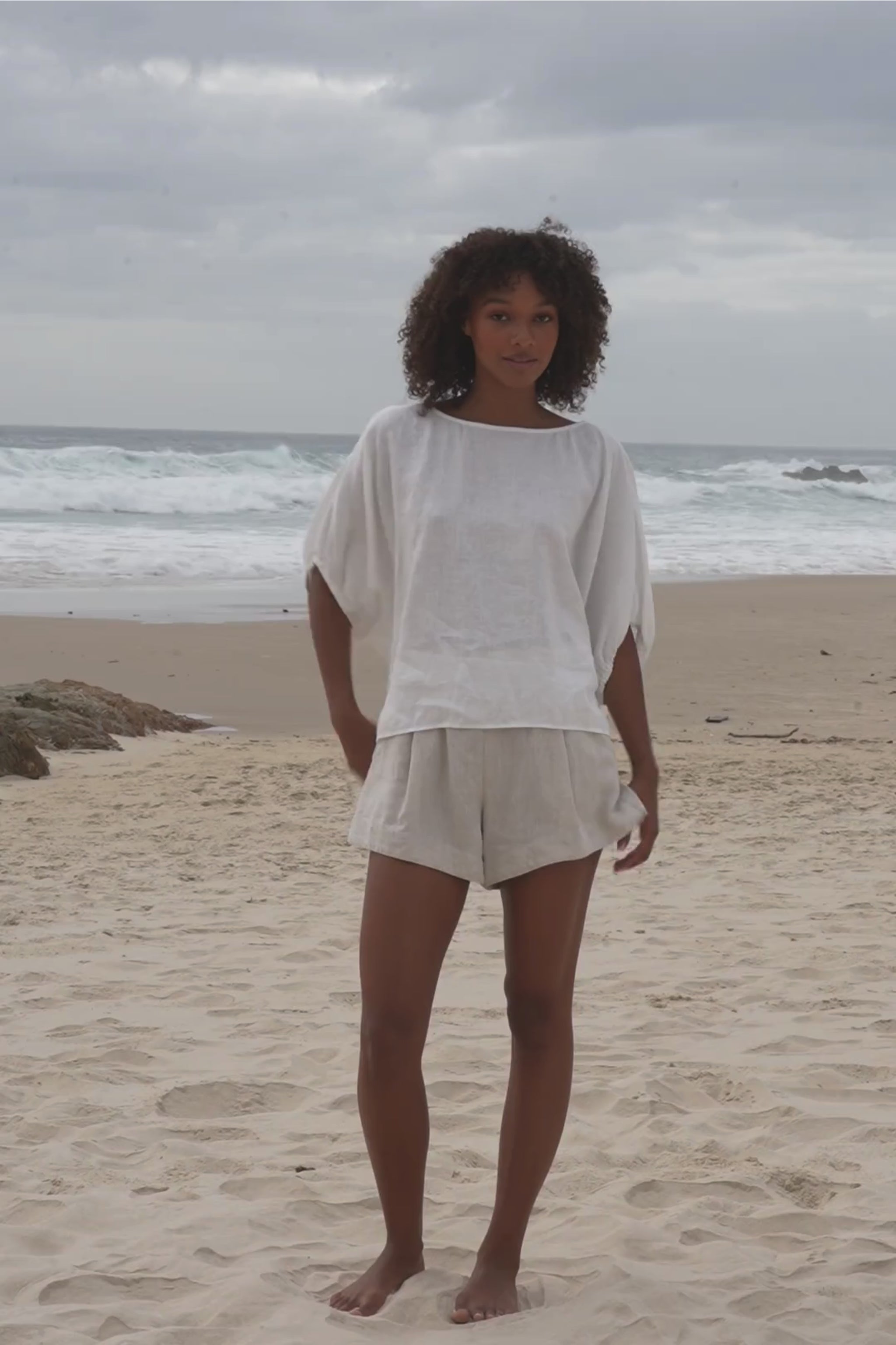 LILLY PILLY Tina linen top in Ivory with Gaia shorts in Oatmeal