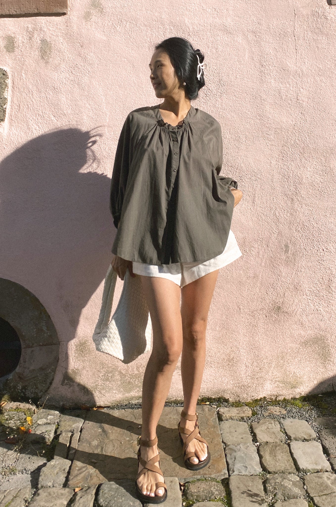 THALIA KHAKI COTTON VOILE SHIRT